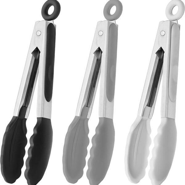 HINMAY 7-Inch Small Silicone Mini Serving Tongs – Set of 3 (Black / Gray / White)